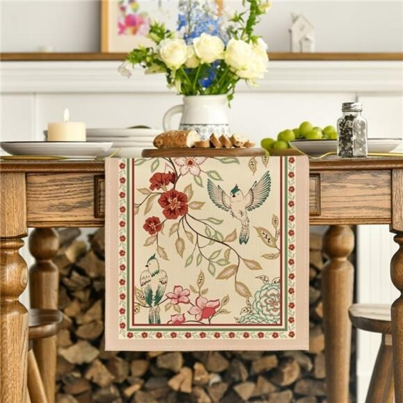 Spring floral table runner with brown birds and blossom print dining room decor - Picture 2 of 7